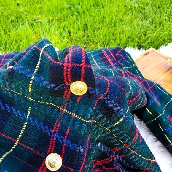 Vintage KASPER Green Multicolored Plaid Stylish Gold Button Blazer Jacket Sz 14 - Picture 11 of 14